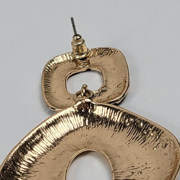 Gold-Tone Black Enamel Drop Earrings 2.5 In Pierced Post Leopard Print Pebble - Picture 9 of 10